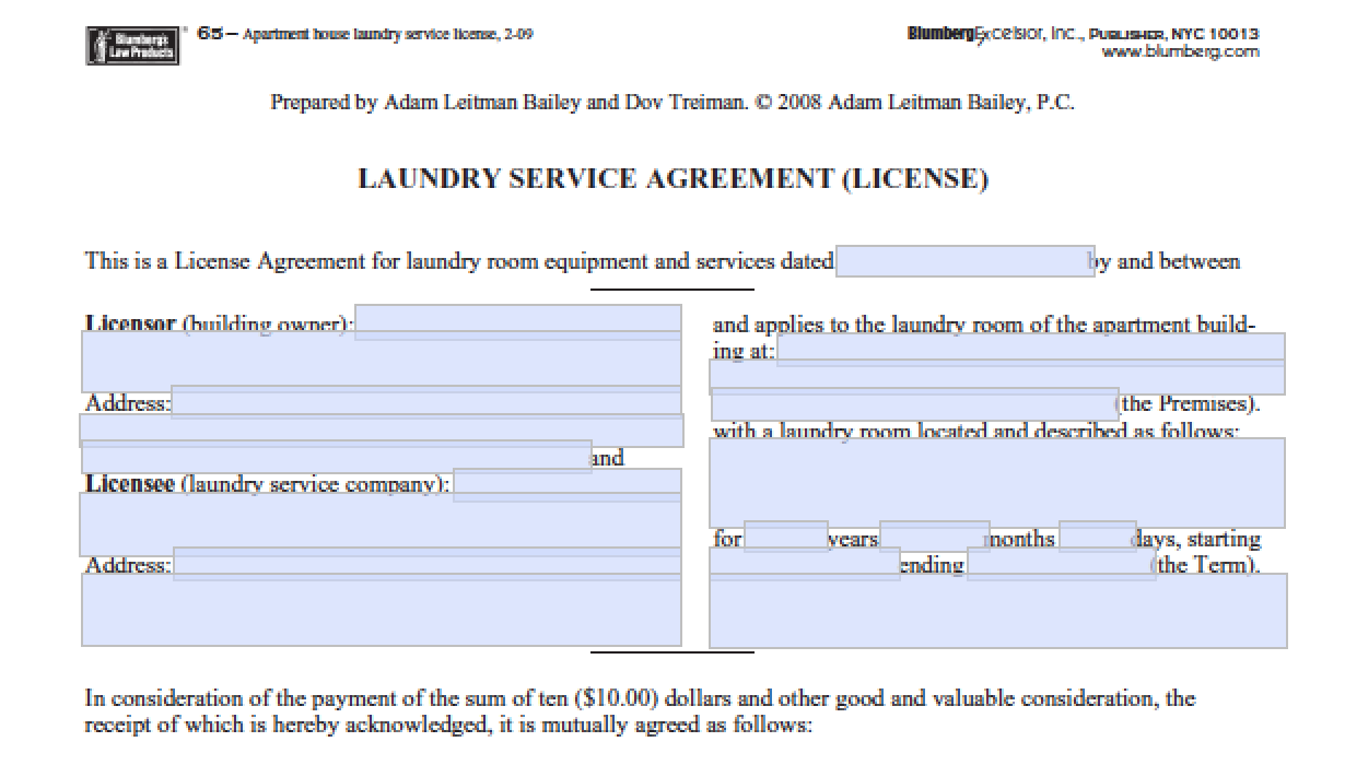 Blumberg Form 20: Laundry Service Agreement License, New York With Regard To laundry service agreement template