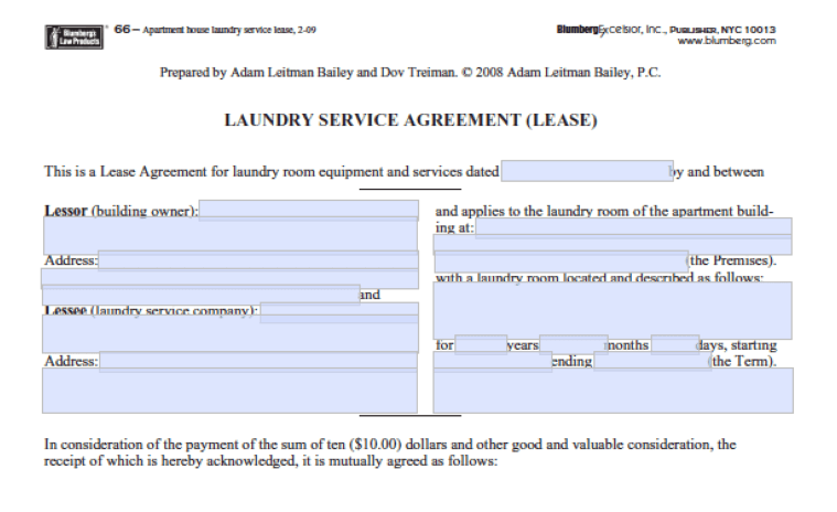 Blumberg Form 66: Laundry Service Agreement Lease, New York Preview Image