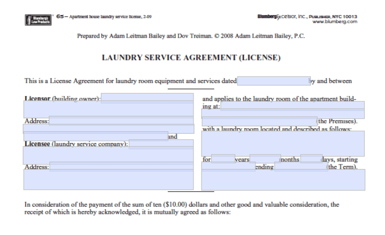 Blumberg Form 65: Laundry Service Agreement License, New York Preivew Image