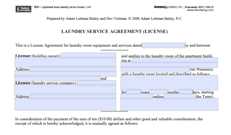 Blumberg Form 65: Laundry Service Agreement License, Nationwide Preview image