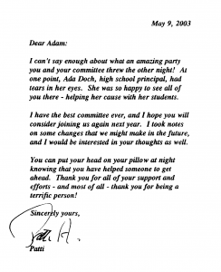 A thank you note to Adam Leitman Bailey for fundraising for education